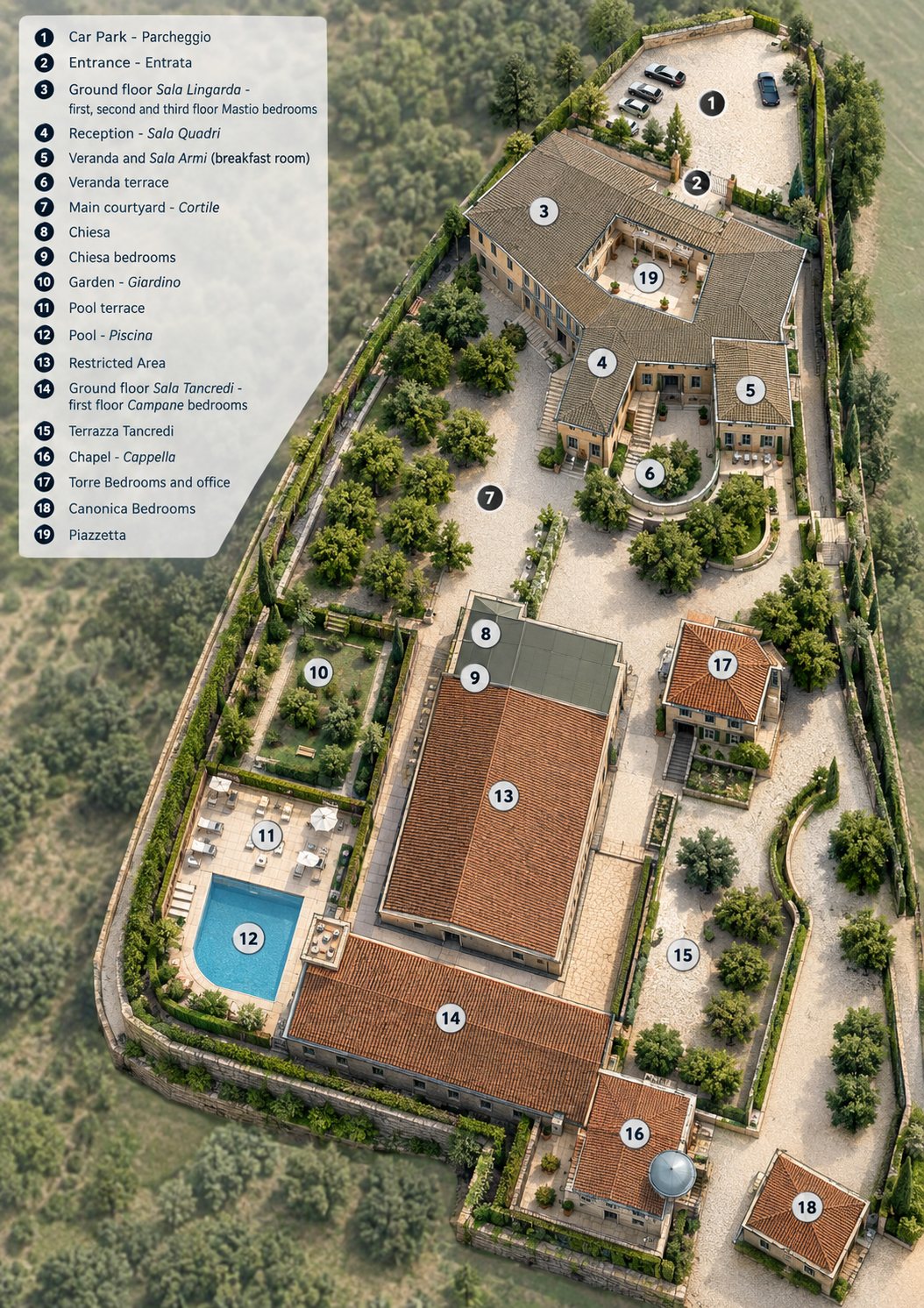 Illustrated map of Castello di Rosciano, showing numbered locations for parking, reception, gardens, courtyards and the pool.